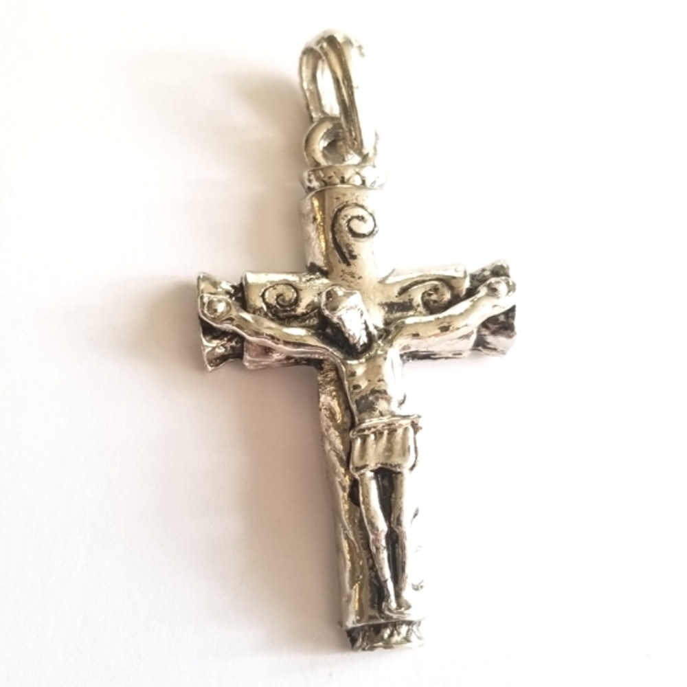 Artsy cross pendant silver tone crucifix Christian jewelry
